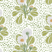 A fabric featuring a repeating floral pattern with daisies and green leaves on a white background.