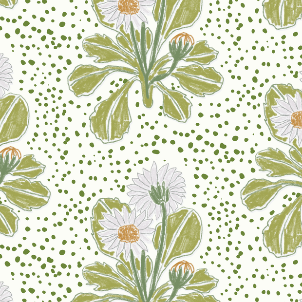 A fabric featuring a repeating floral pattern with daisies and green leaves on a white background.