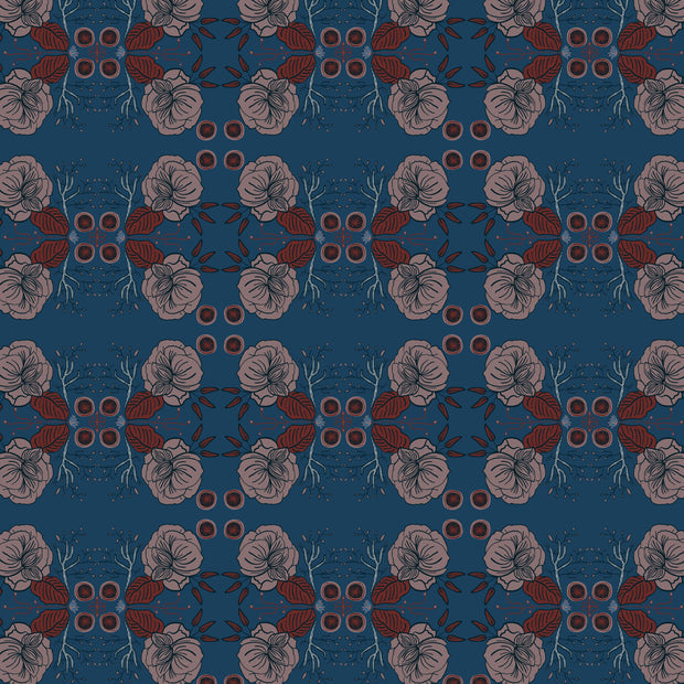 A section of wallpaper with a geometric floral pattern in shades of blue, brown, and gray.