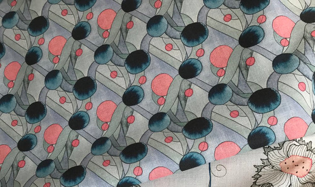Salmon/Indigo on Natural Many Moons Fabric – 54" Wide | Supply Showroom