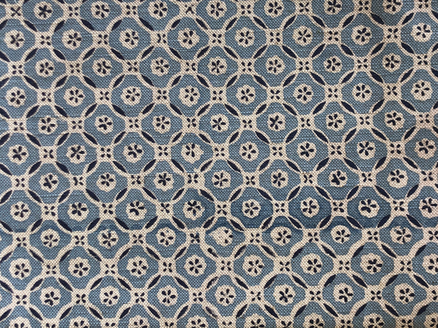 Sky/Navy on Natural Daisy Tile Cotton/Linen Fabric - 140cm Width, 22cm x 18cm Repeat | SupplyShowroom