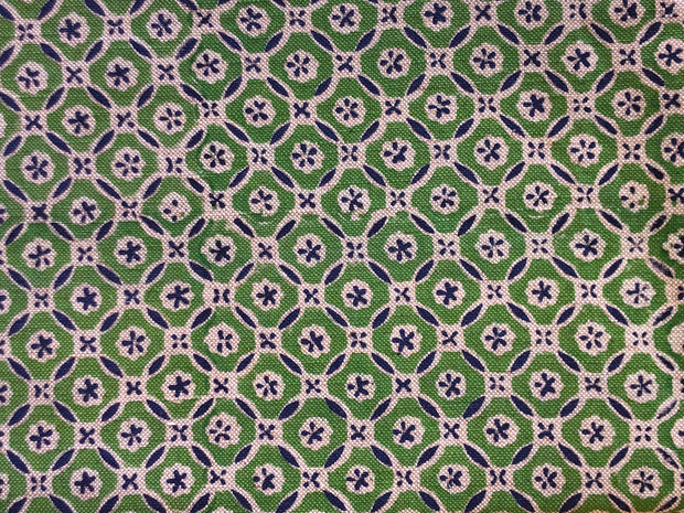 Moss/Navy on Natural Daisy Tile Cotton/Linen Fabric - 140cm Width, 22cm x 18cm Repeat | SupplyShowroom