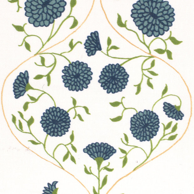 A section of fabric with a floral pattern in blue, green, and natural colors.