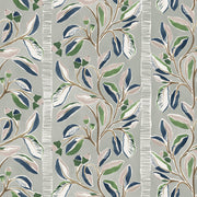 A wallpaper with a floral pattern featuring oak leaves in shades of blue, green, and navy.  Sage Live Oak Wallpaper – Straight Match, 27" Trimmed Clay-Coated Roll