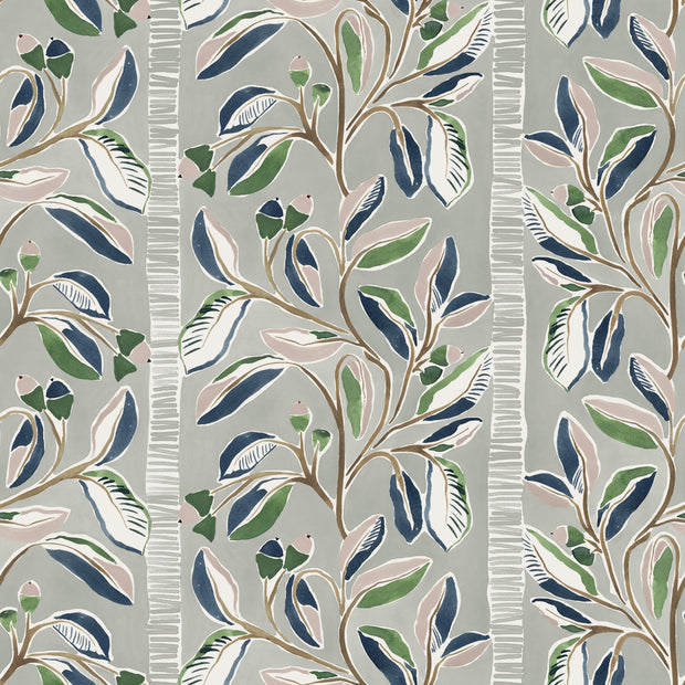 A wallpaper with a floral pattern featuring oak leaves in shades of blue, green, and navy.  Sage Live Oak Wallpaper – Straight Match, 27" Trimmed Clay-Coated Roll