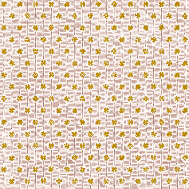 A close-up view of a wallpaper with a floral pattern featuring Dijon and blush colors.  Lucky Dijon/Blush Wallpaper – Straight Match, 27" Trimmed Single Roll