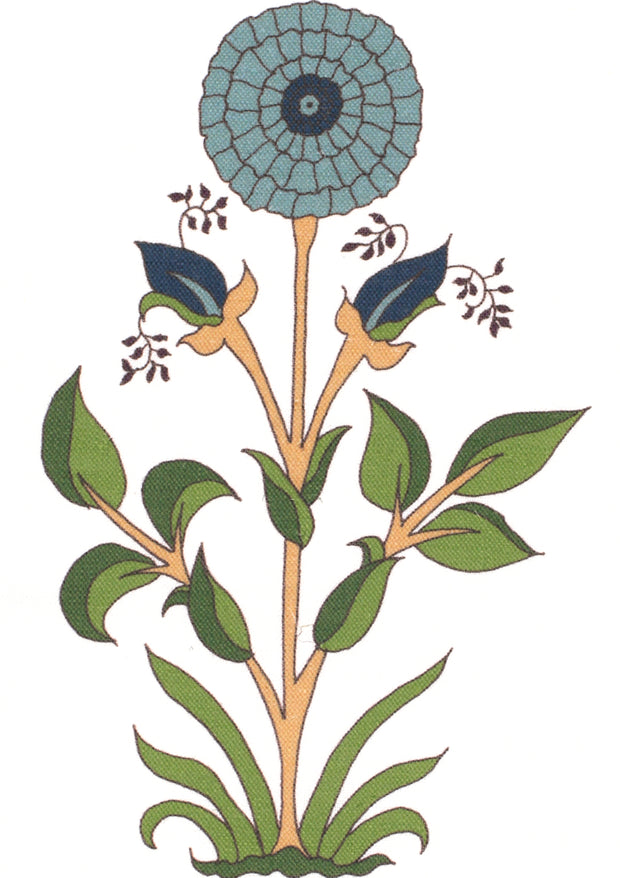 A fabric featuring a large marigold design with a blue and green color scheme on a white background.