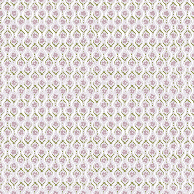 A close-up view of a wallpaper with a floral pattern consisting of lilac and green colors.  Sweet Bud Wallpaper Lilac/Green – Straight Match, 27" Trimmed Roll