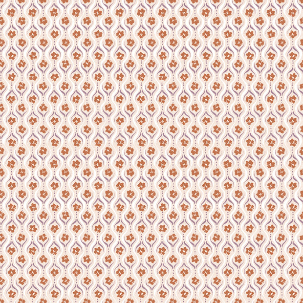 A close-up view of a wallpaper with a floral pattern in rust and lilac colors.  Sweet Bud Wallpaper Rust/Lilac – Straight Match, 27" Trimmed Roll