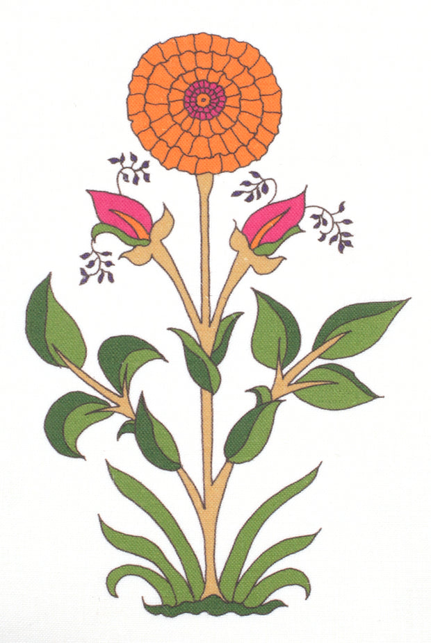 An illustration of a large marigold flower with a combination of orange, pink, and purple petals, and a green leafy stem on a white background.
