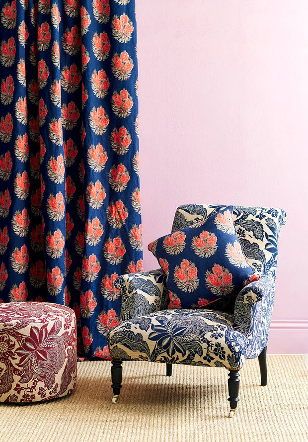 Cameo Navy Linen Fabric – 100% Linen, 56" Width, H 8.7” x V 5.5” Repeat