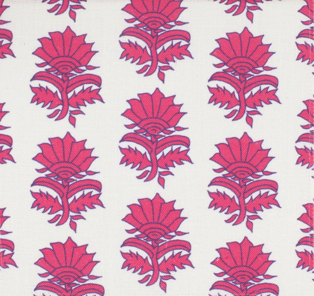 Fabric with a floral pattern in pink, white, and blue colors.