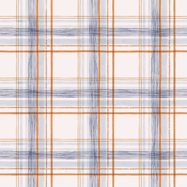 A close-up view of a section of wallpaper with a blue and orange plaid pattern.  Rad Plaid Rust Wallpaper – Straight Match, 27" Trimmed Single Roll