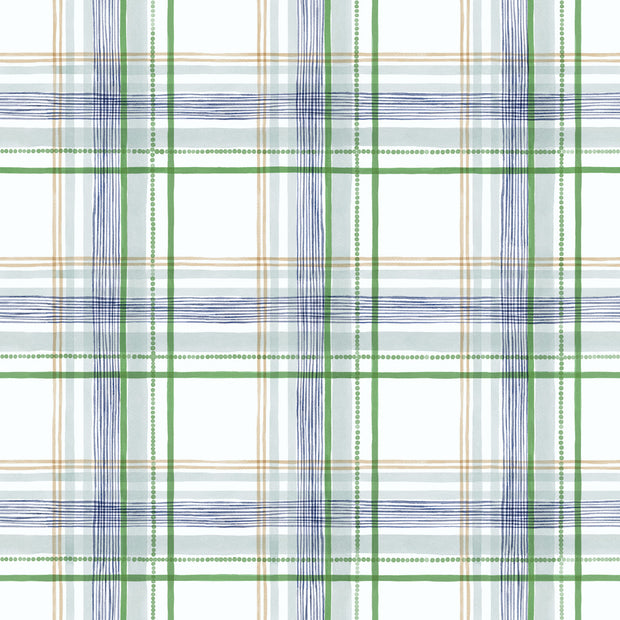A section of wallpaper with a plaid pattern featuring beige, blue, and green colors.  Rad Plaid Grass Wallpaper – Straight Match, 27" Trimmed Single Roll