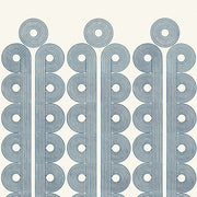 A wallpaper with a geometric pattern featuring circles and lines in blue and white colors. Snow Poiret Wallpaper – Non Woven Fibre | Sold by Panel | 5–7 Week
