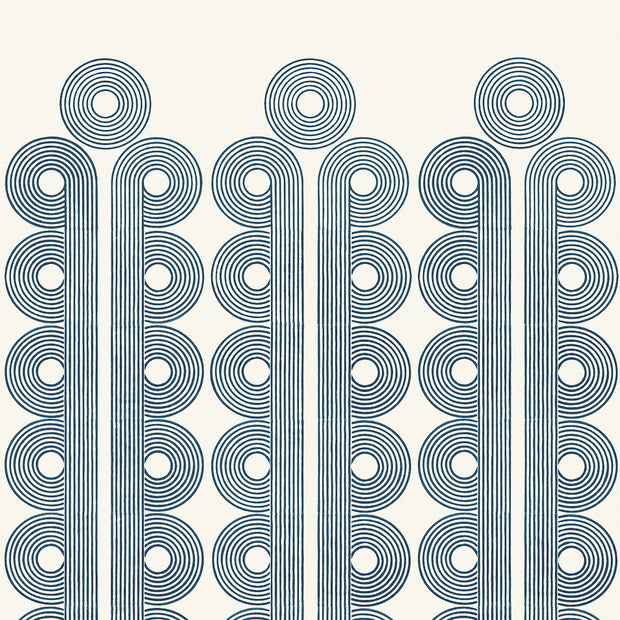 A wallpaper with a geometric pattern featuring circles and lines in blue and white colors. Snow Poiret Wallpaper – Non Woven Fibre | Sold by Panel | 5–7 Week