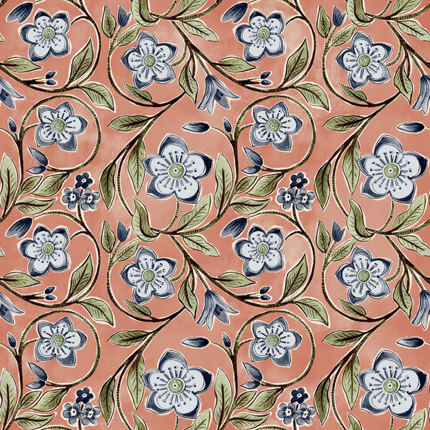 A wallpaper with a floral pattern featuring navy and clay colored flowers on a pink background. Clay & Navy Wallpaper by Vines | 27” Clay Coated Single Roll