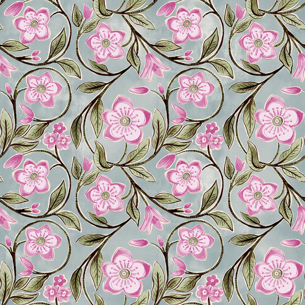 A wallpaper pattern featuring a repeatable floral design with pink flowers, green leaves, and a gray bac Sage & Pink Wallpaper by Vines | 27” Clay Coated Single Rollkground.