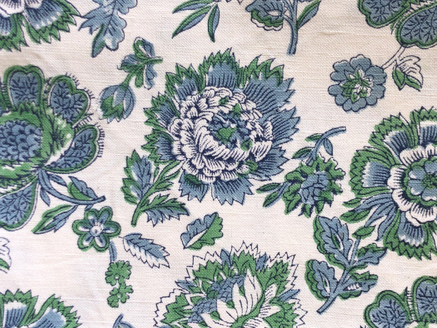 Indigo/Green on Ivory Peonies with Love Fabric - Cotton Linen Blend | Supply Showroom