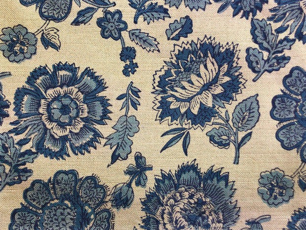 Indigo on Natural Peonies with Love Fabric - Cotton Linen Blend | Supply Showroom