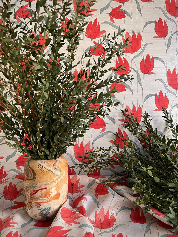 Vintage Red Wallpaper – Parrot Tulip | Pearlescent Grasscloth