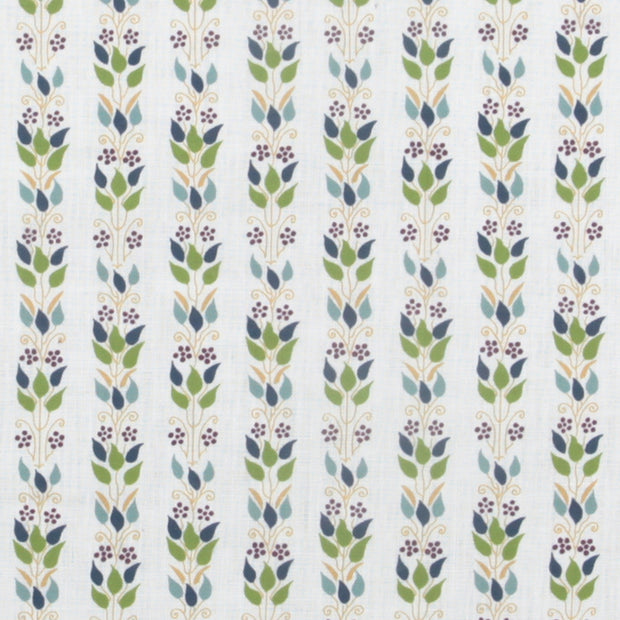 A fabric with a floral pattern featuring Indigo and Sky blue colors on a white background.