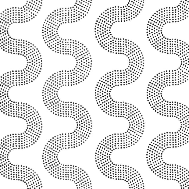 A wallpaper pattern featuring a geometric squiggle dot design in black and white. Black & White Squiggle Dot Wallpaper – Non Woven Fibre | 5–7 Week Lead