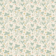 A wallpaper with a floral pattern featuring green and pink strawberries on a light green background. Sage Strawberries Wallpaper – Non Woven Fibre | Sold by Yard | 5–7 Week