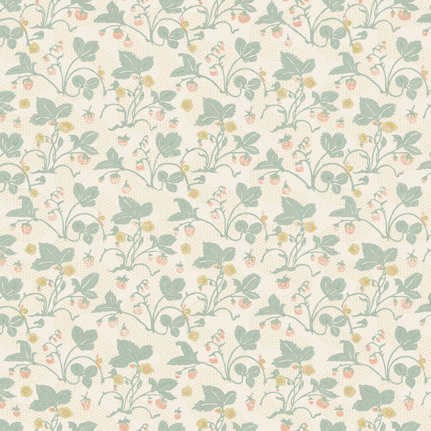 A wallpaper with a floral pattern featuring green and pink strawberries on a light green background. Sage Strawberries Wallpaper – Non Woven Fibre | Sold by Yard | 5–7 Week
