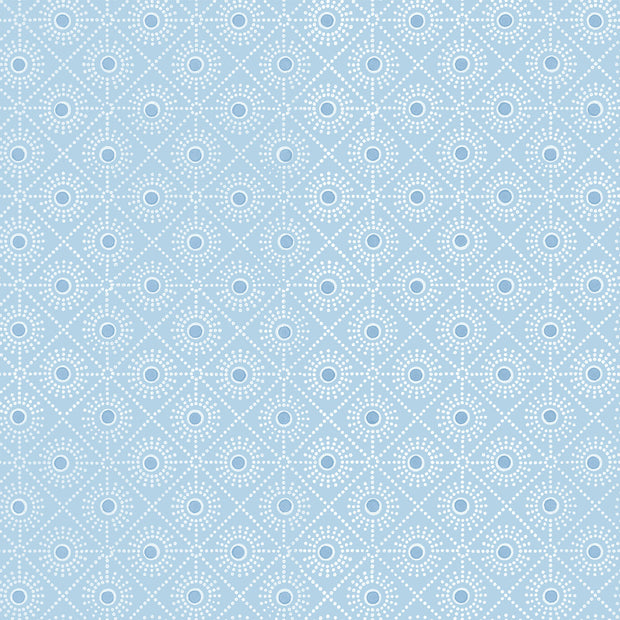 A section of wallpaper with a blue sunburst pattern on a light blue background. Bluebell Sunburst Wallpaper – Non Woven Fibre | Sold by Yard | 5–7 Week