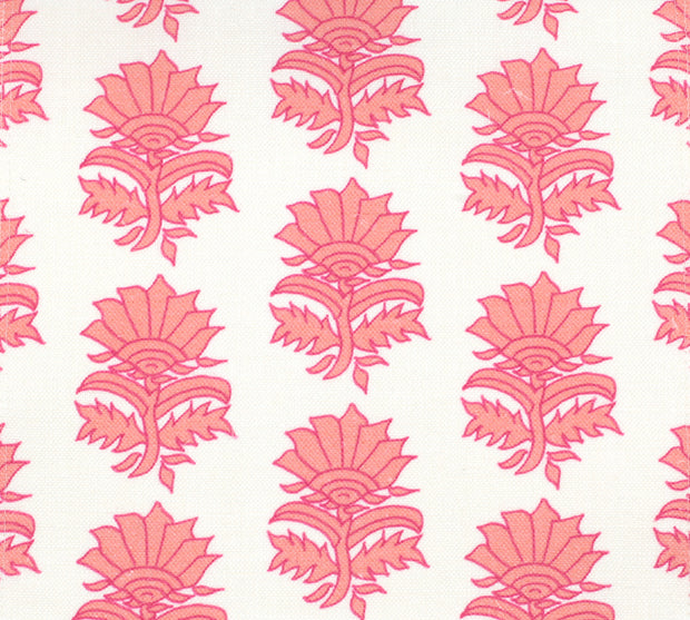 Fabric with a floral pattern in pink and orange colors on a white background.