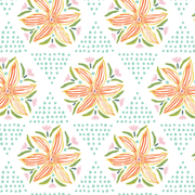 A fabric featuring a repeating pattern of large, multicolored flower designs on a light background.