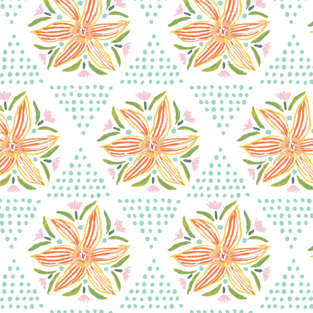 A fabric featuring a repeating pattern of large, multicolored flower designs on a light background.