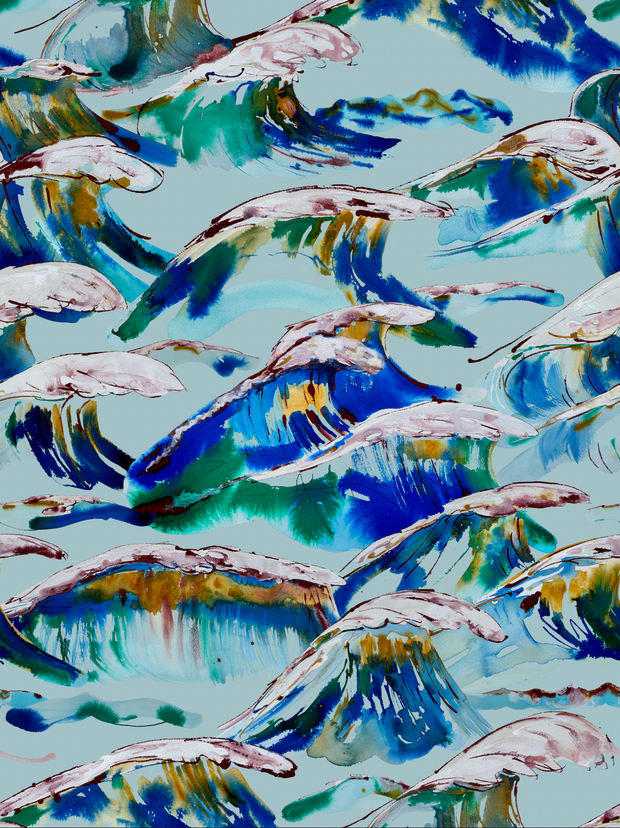 A wallpaper with a vibrant mosaic pattern featuring ocean waves in shades of blue, white, and yellow. Summer Wallpaper – Old Joe’s Claycoated Panel for Modern Spaces