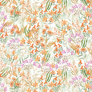 Fabric with a floral pattern featuring poppies and other botanical designs in multicolor on a light background.