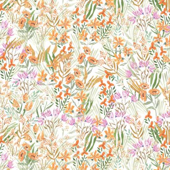 Fabric with a floral pattern featuring poppies and other botanical designs in multicolor on a light background.