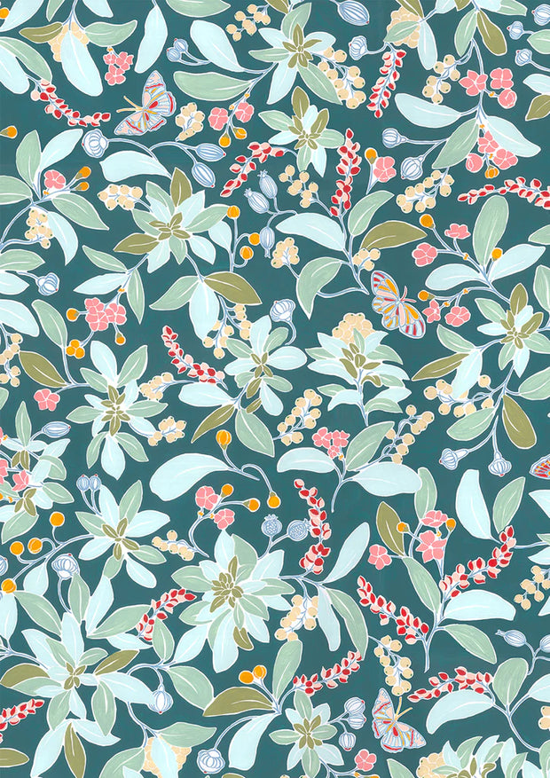A wallpaper with a floral pattern featuring various colors including beige, blue, green, orange, pink, and red. Sophia Wallpaper – Elegant Floral Pattern with Refined Modern Style