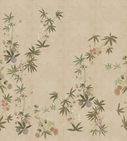 A wallpaper with a floral pattern featuring various shades of green, beige, and a repeating design of wheat and edgy botanical motifs. Wheat Wallpaper – Stickybana Clay Coated Panels for Unique Walls
