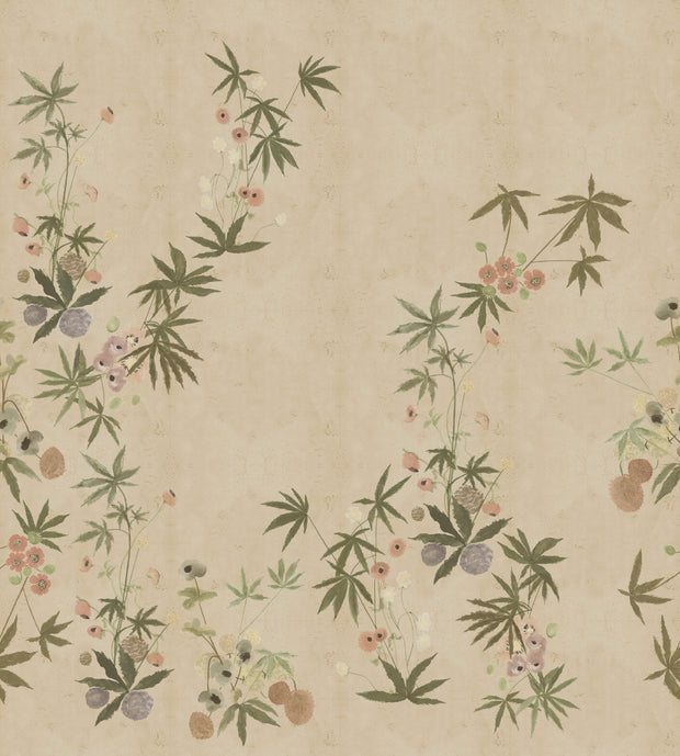 A wallpaper with a floral pattern featuring various shades of green, beige, and a repeating design of wheat and edgy botanical motifs. Wheat Wallpaper – Stickybana Clay Coated Panels for Unique Walls