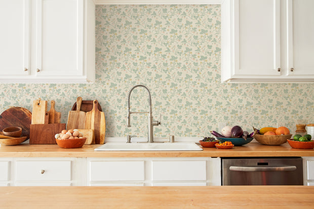 Sage Strawberries Wallpaper – Non Woven Fibre | Sold by Yard | 5–7 Week