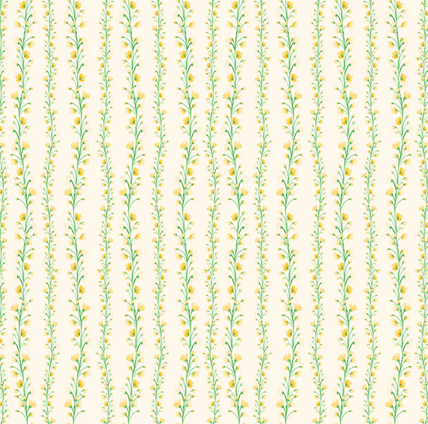A wallpaper with a floral pattern featuring green and yellow twirling blooms.  Saffron Twirling Blooms Wallpaper – Clay Coated | Sold by Roll | 5–7 Week