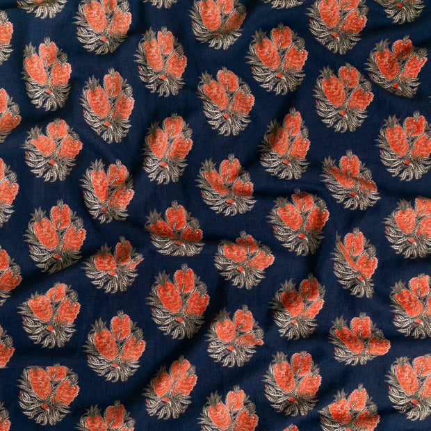 Cameo Navy Linen Fabric – 100% Linen, 56" Width, H 8.7” x V 5.5” Repeat