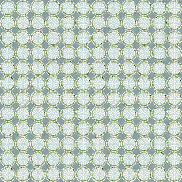 A close-up view of a textured blue and green wallpaper with a geometric pattern. Blue & Grass Wallpaper by Medallion | 27” Clay Coated Roll