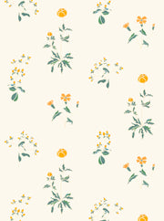 A wallpaper with a floral pattern featuring various colors such as beige, green, orange, and multicolor flowers on a light background. Victoria Wallpaper – Elegant Floral Design with Timeless Charm