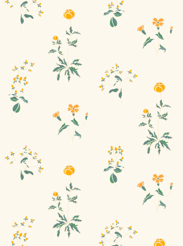 A wallpaper with a floral pattern featuring various colors such as beige, green, orange, and multicolor flowers on a light background. Victoria Wallpaper – Elegant Floral Design with Timeless Charm