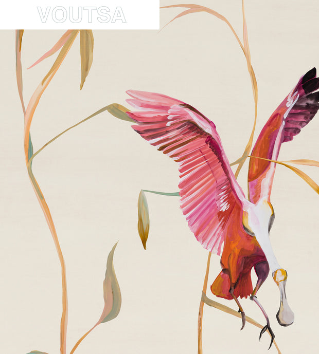 Beige - WP | Birds Wallpaper on Non Woven Vellum Panels