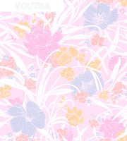 A section of wallpaper with a floral pattern featuring a variety of flowers in pink, blue, yellow, and white colors on a light background.  Lucy Everyday Blooms Wallpaper – Clay Coated Floral Wall Roll