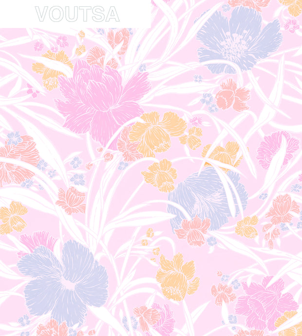 A section of wallpaper with a floral pattern featuring a variety of flowers in pink, blue, yellow, and white colors on a light background.  Lucy Everyday Blooms Wallpaper – Clay Coated Floral Wall Roll