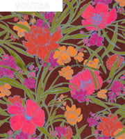 A wallpaper with a floral pattern featuring vibrant colors on a brown background.  Neon Everyday Blooms Wallpaper – Vibrant Clay Coated Floral Roll