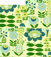 A wallpaper with a floral pattern featuring various stylized flowers in blue, green, and yellow colors on a light background.   Fantasy Plaid Blooms Wallpaper – Elegant Clay Coated Wall Design